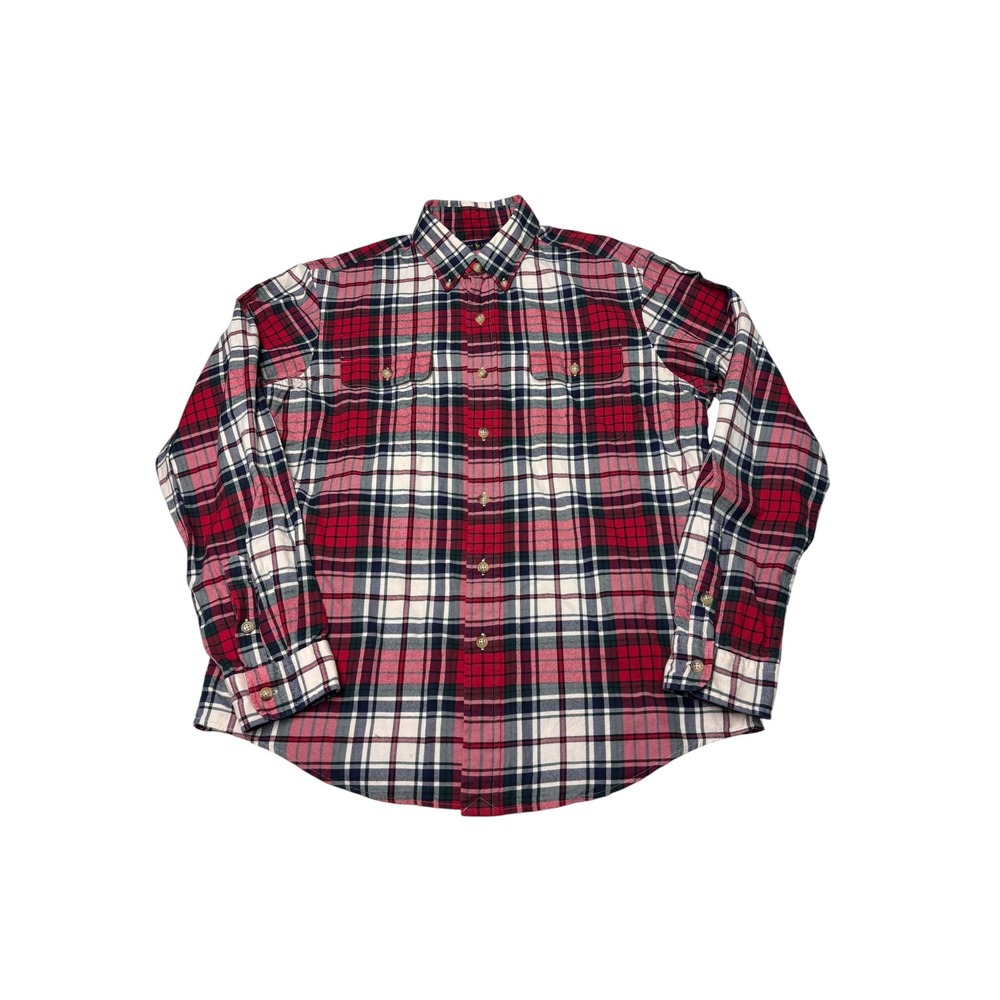 Ralph Lauren Mens Large Red Plaid Cotton Flannel Button Down Shirt Front-Pockets